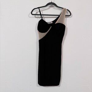 Mystic One Shoulder Mesh Cutout Bodycon Dress, Size S, Black & Nude